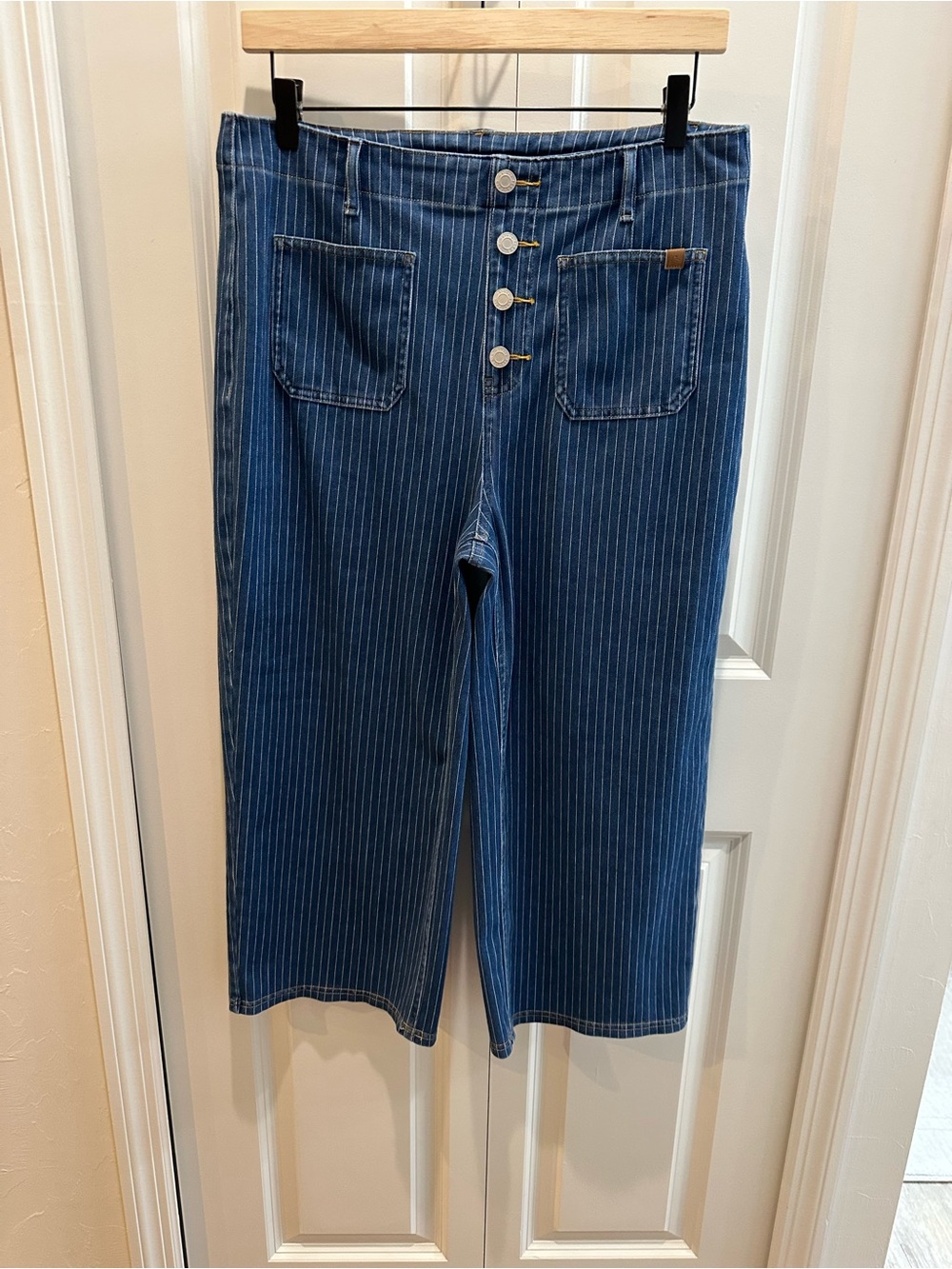 HALARA Blue Pinstriped Cropped Wide-Leg Jeans with White Stripes Size L stretch